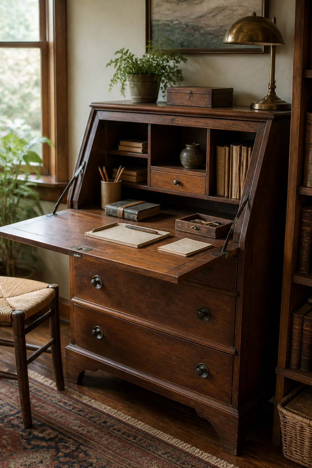 A vintage secretary desk folded against the wall for space-saving.
