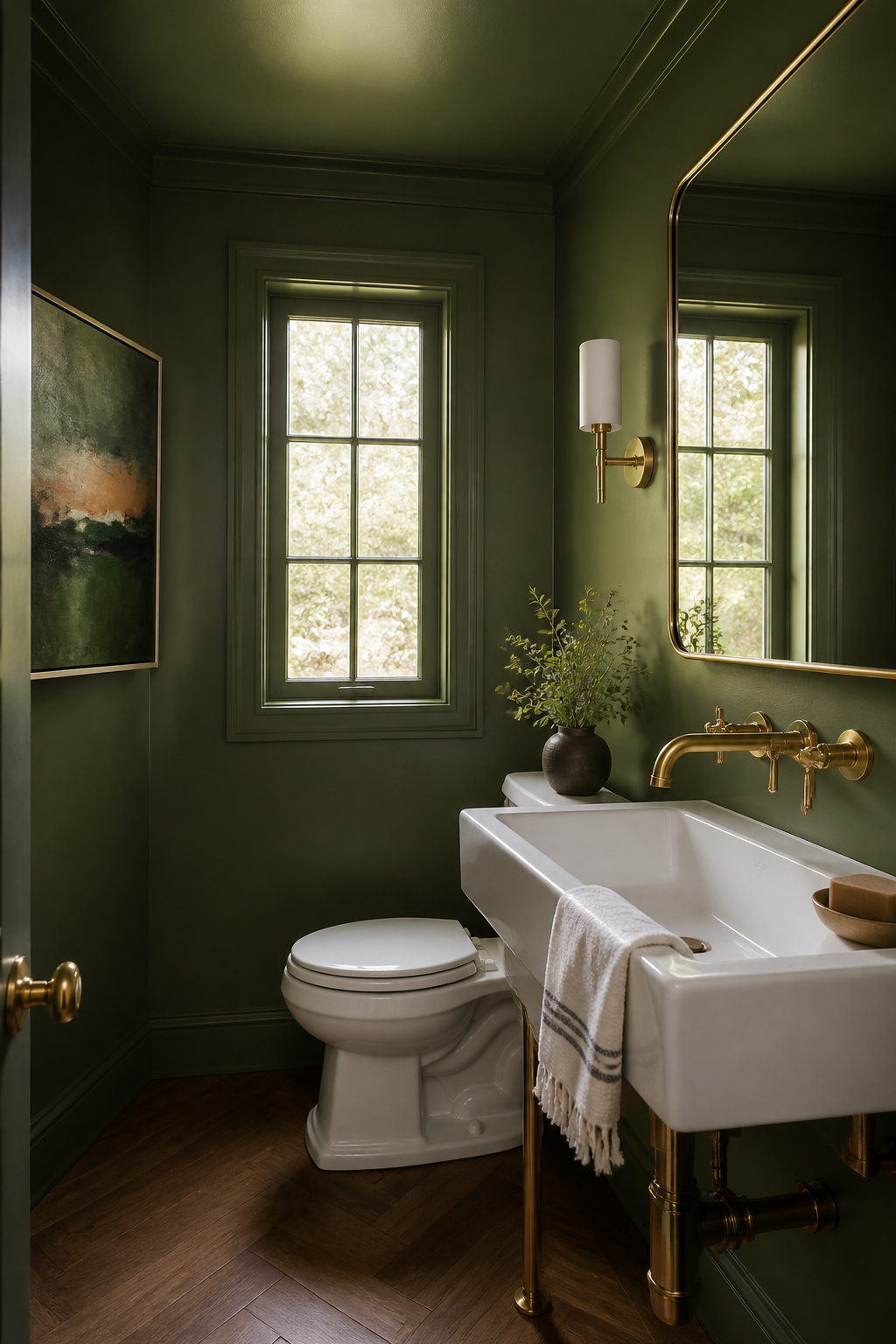 9 Paint Ideas for Small Bathrooms to Make the Room Feel Bigger (2026) 10 A powder room with deep olive green walls and a polished white sink.