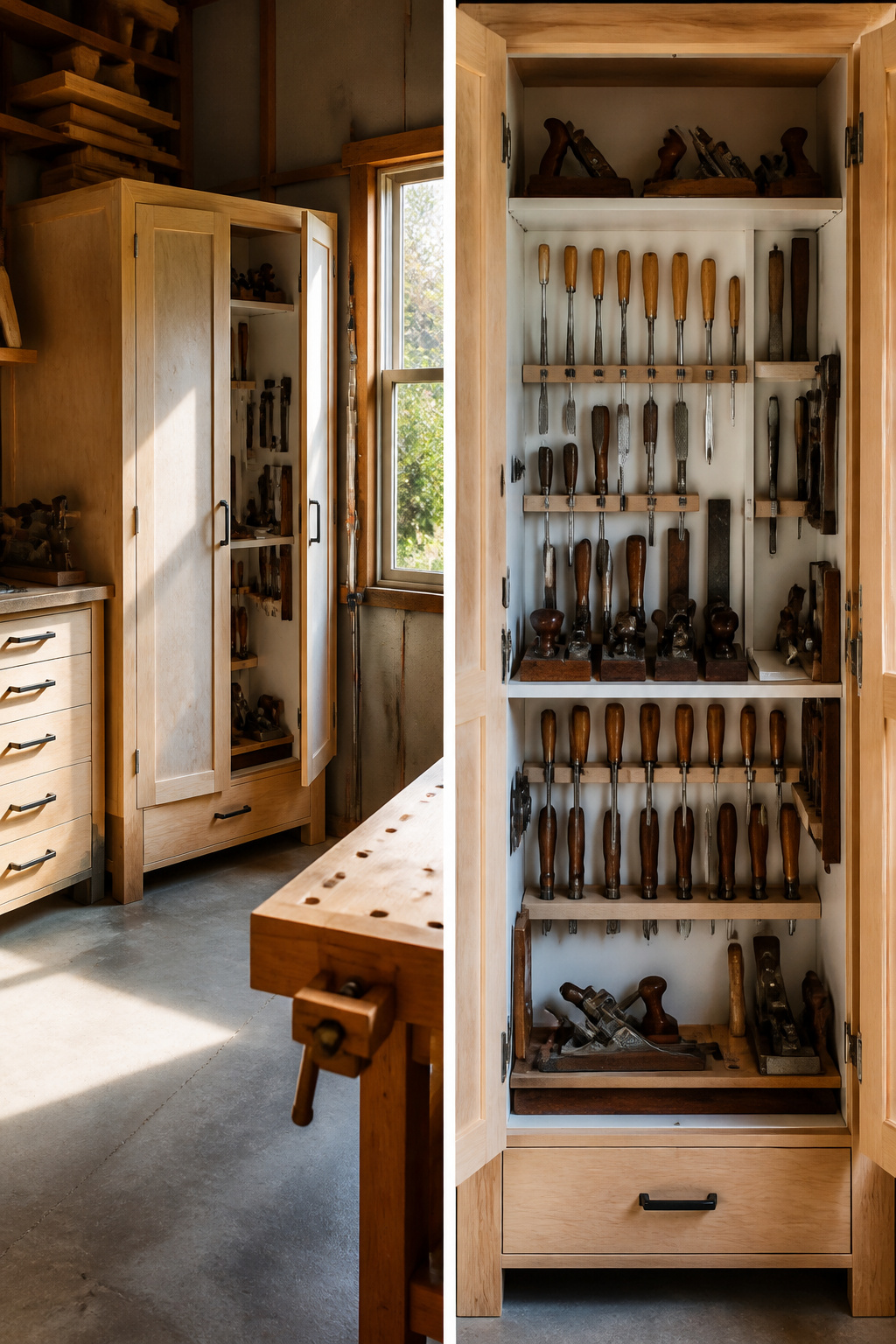 A wooden DIY tool cabinet with shelves and drawers tailored for tools.