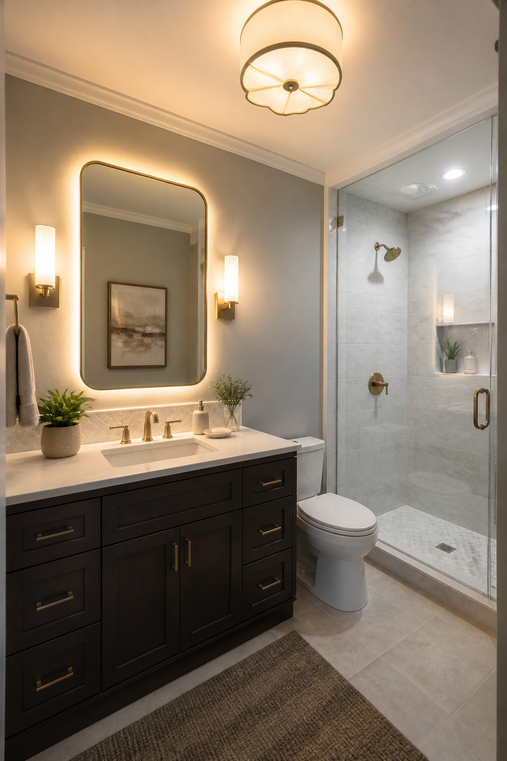 A bathroom with a backlit mirror and wall sconces for lighting.