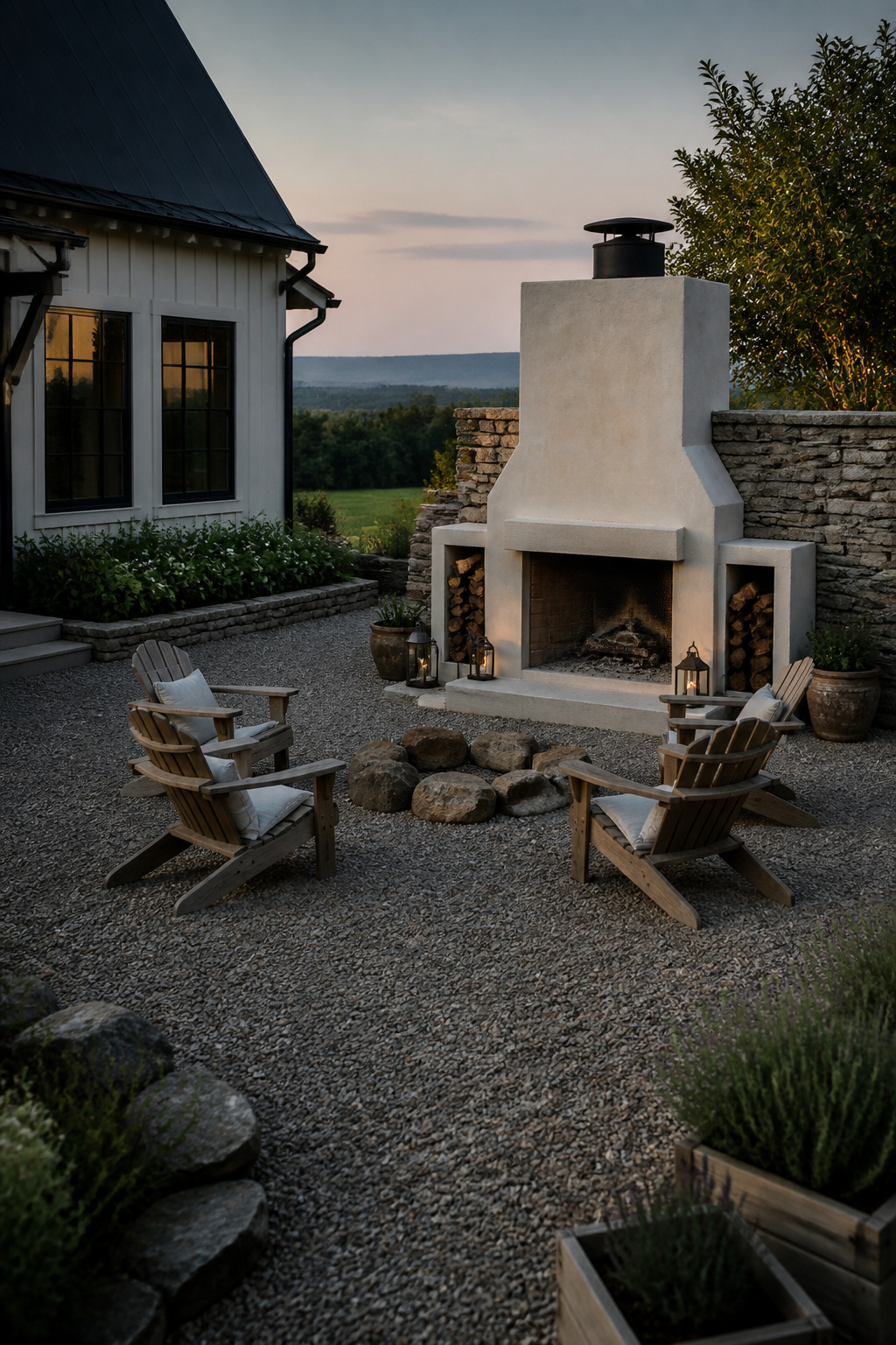 10 Farmhouse Outdoor Ideas for Backyards and Patios in 2026 10 Outdoor fireplace made of concrete block and stucco.