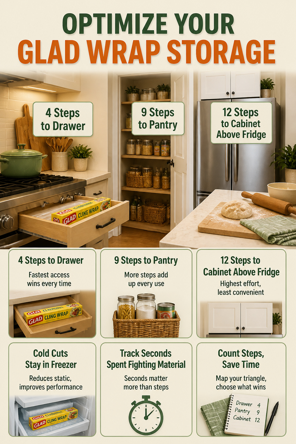 8 Glad Wrap Storage Ideas That Keep the Roll in Check (2026) 10 Diagram showing ideal wrap storage locations in a kitchen.