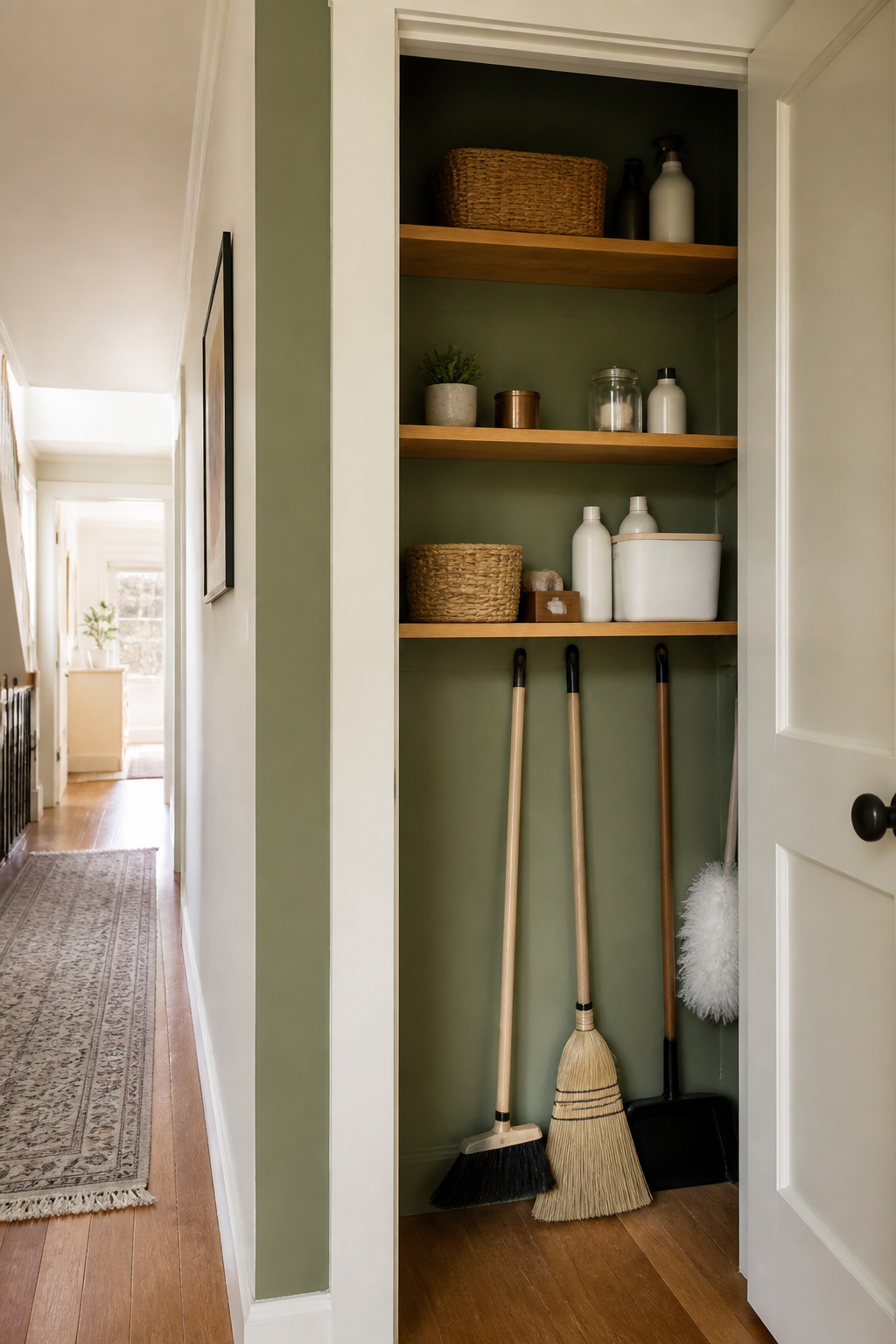 Broom closet with sage green walls and organized shelving.