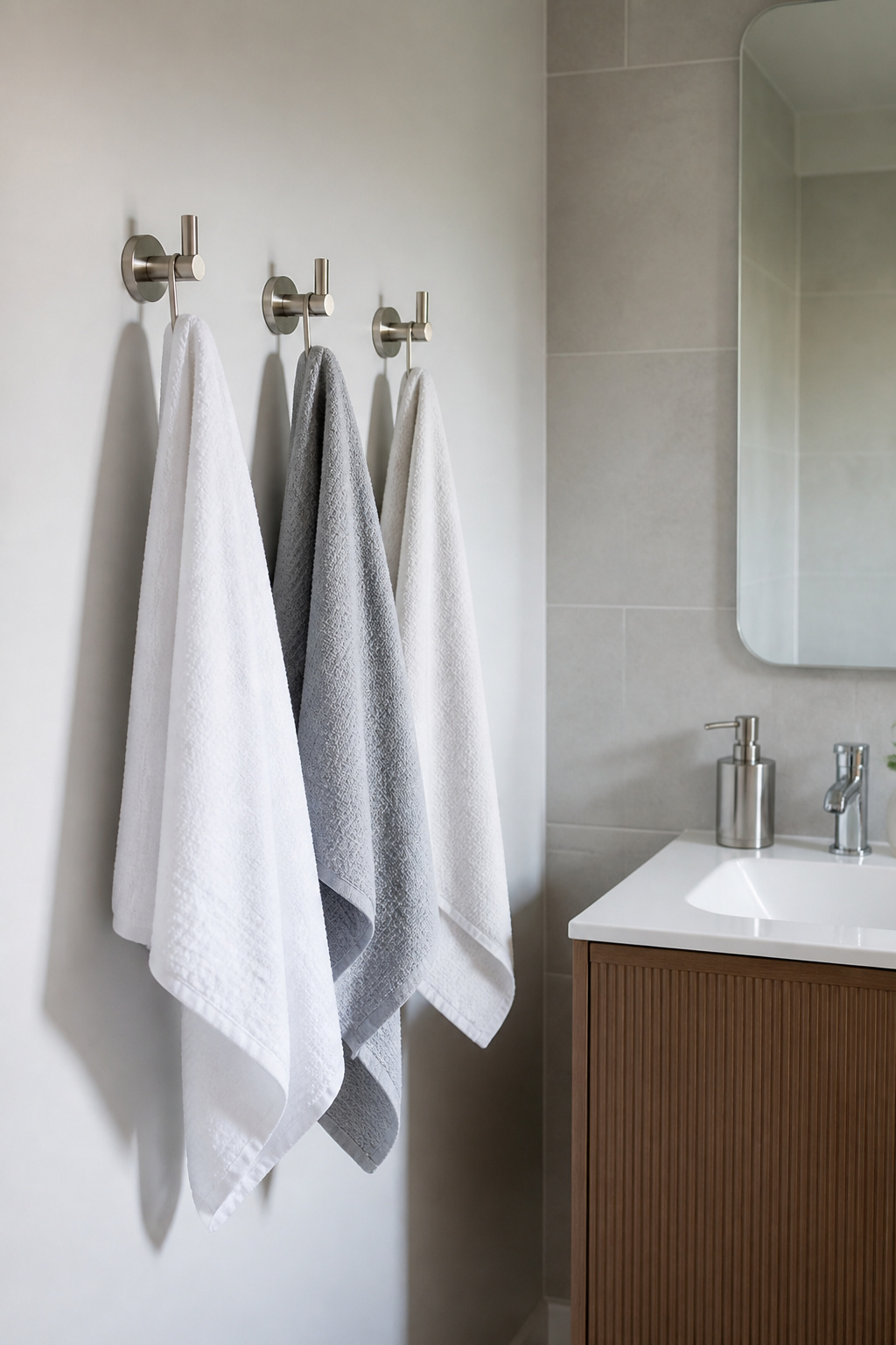 Brushed nickel towel hooks mounted on a white wall beside a sink.