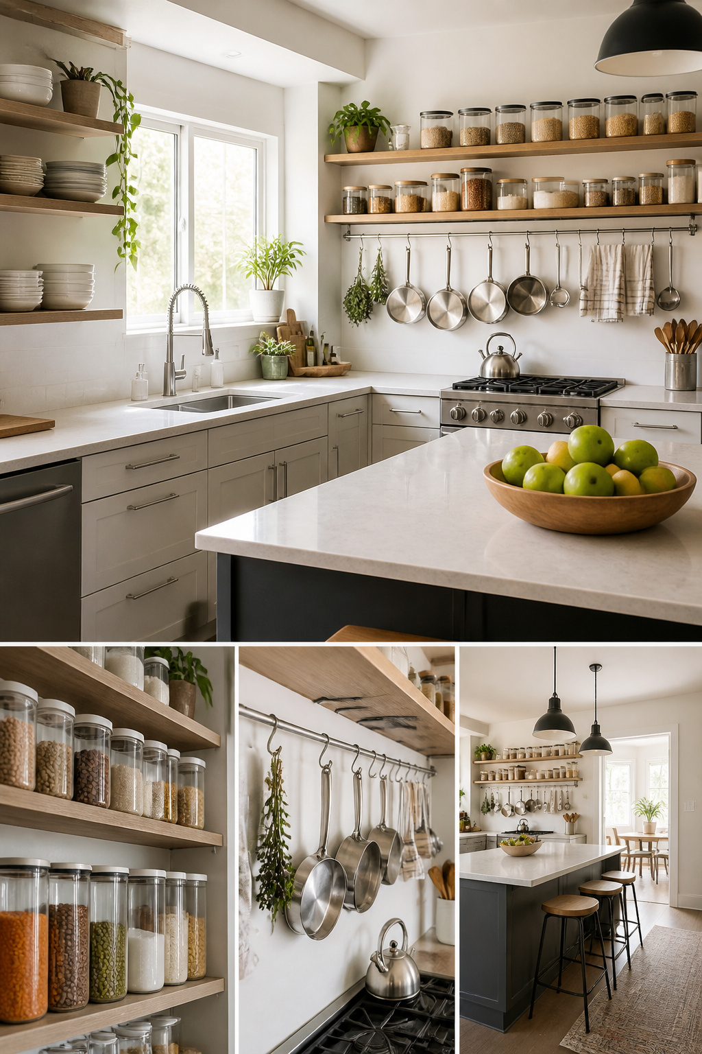 Kitchen tools organized on wall-mounted racks and a rolling cart.