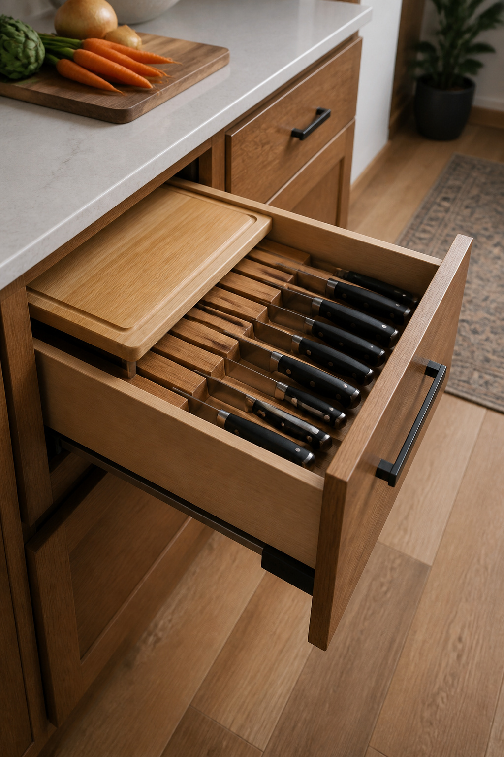 15 Kitchen Cabinet Drawer Ideas for 2026 10 Kitchen drawer featuring a knife block with various slots.