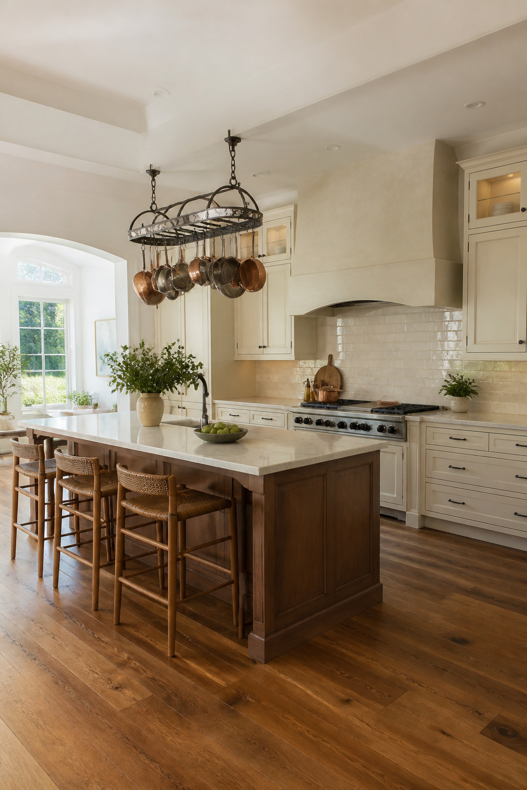 20 Convenient Kitchen Ideas for a Smarter 2026 Remodel 10 Ceiling pot rack holding various cooking pots and pans.