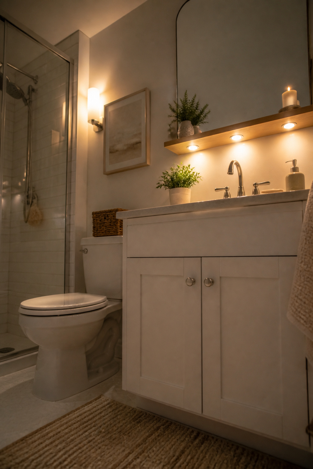 Warm lighting installed above a bathroom mirror.