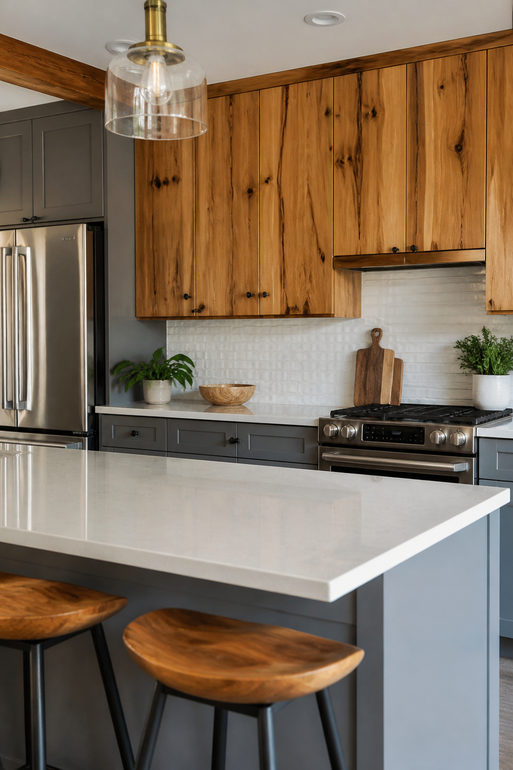 20 Upper Kitchen Cabinet Ideas: Color, Style & Storage for 2026 10 Upper cabinets made from pecky cypress with gray lower cabinets.