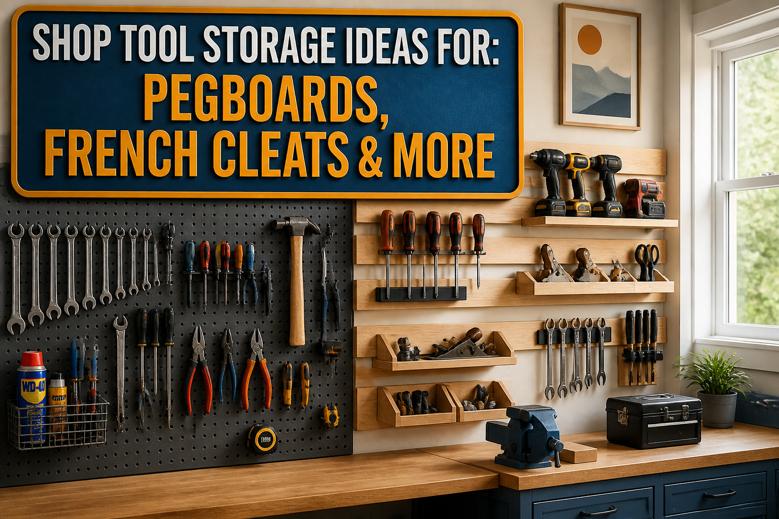 A workshop with different tool storage ideas including pegboards, carts, and cabinets.