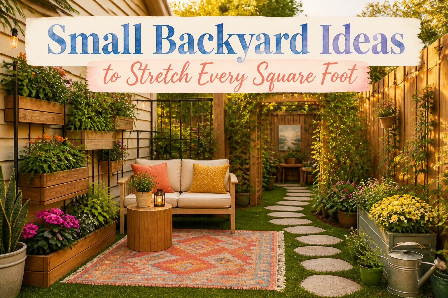 Compact backyard with a folding table, grill, and colorful potted plants.