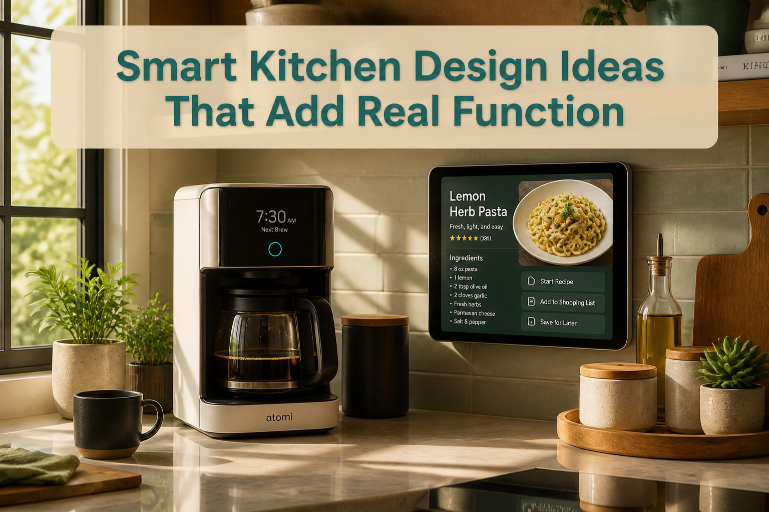 A stylish kitchen showcasing multiple smart appliances and modern design.