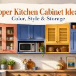A kitchen featuring various upper cabinets in different colors and styles.