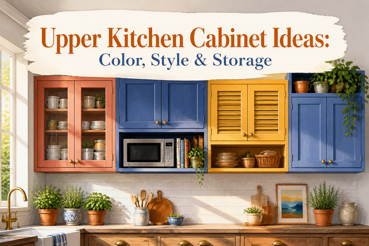 A kitchen featuring various upper cabinets in different colors and styles.