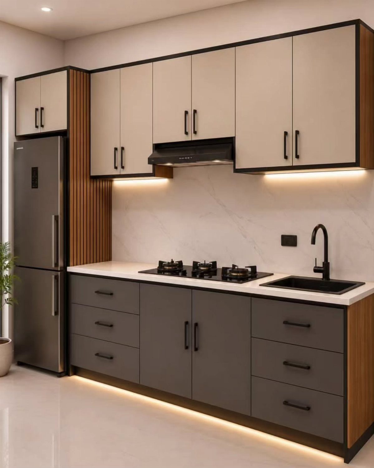 Nigerian Kitchen Design: 25 Ideas for Modern Functional Spaces 7 Modern kitchen with cream and grey cabinets, white countertops, and under-cabinet lighting.
