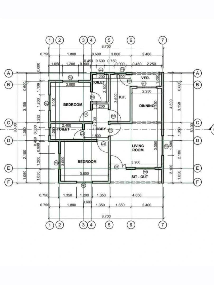 Architectural floor plan for a house with two bedrooms and two bathrooms.