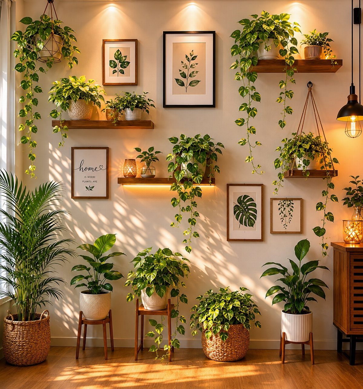 Various green houseplants in pots and on shelves against a white wall with botanical art.