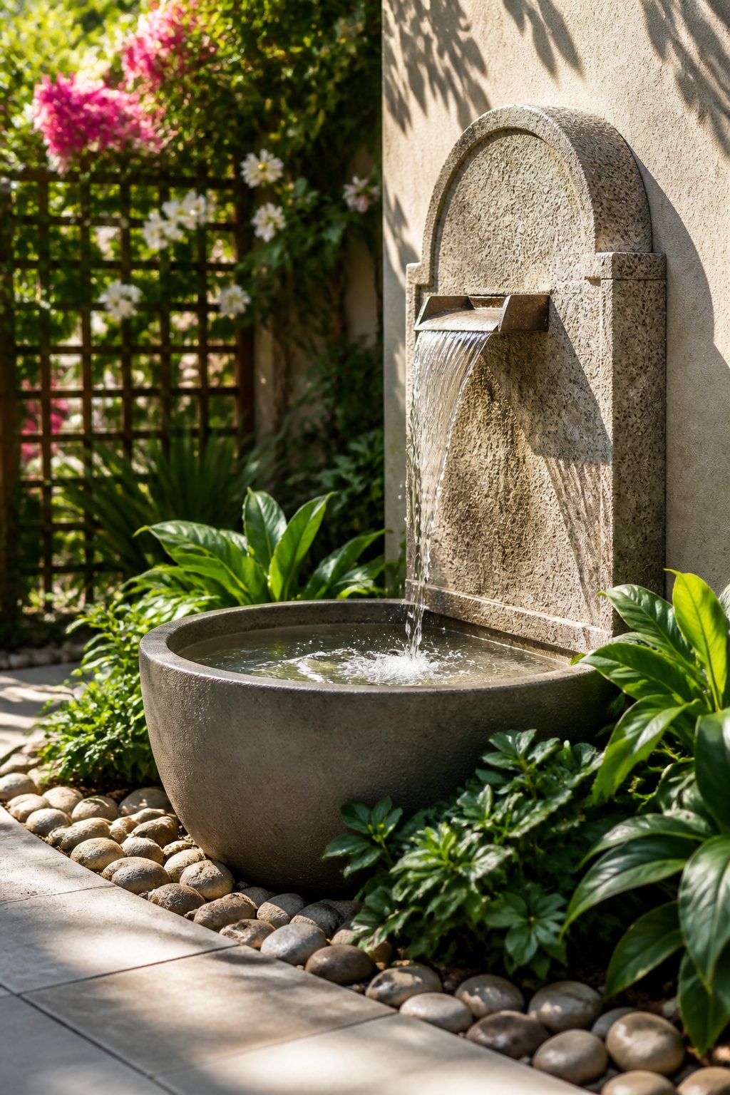 Wall-mounted water feature in a small backyard.
