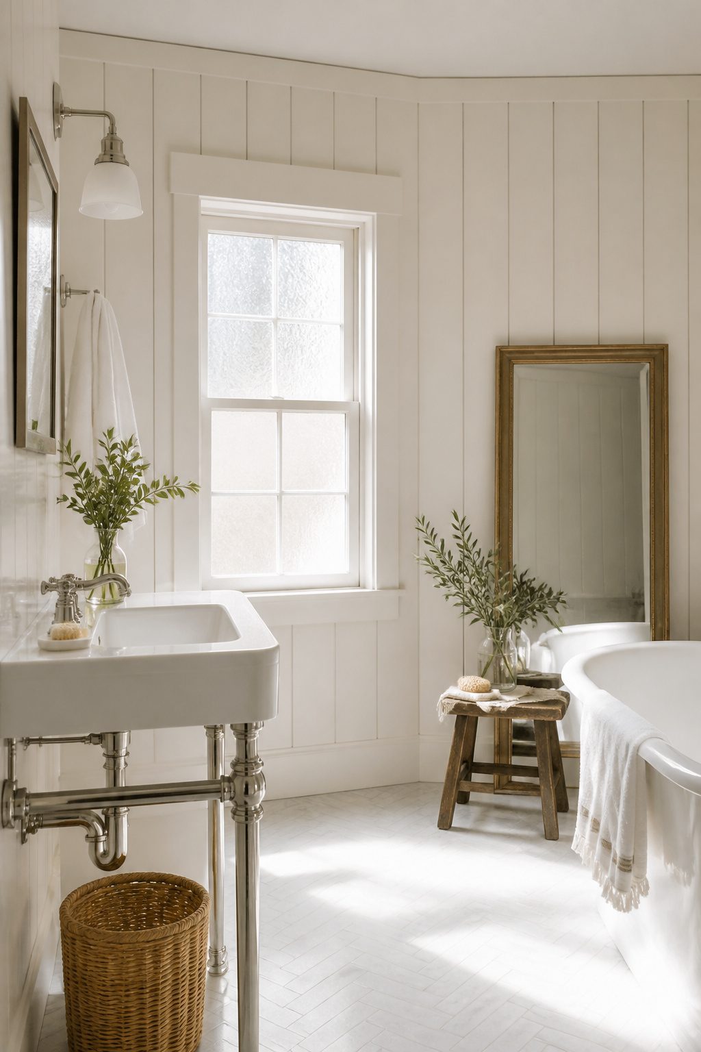 5 Martha Stewart Bathroom Ideas That Balance Clean Style With Personality 2 All-white bathroom with textured wood paneling and silver fixtures.