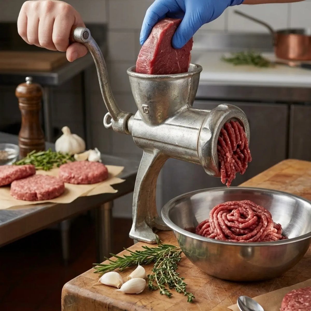 Vintage metal hand-crank meat grinder processing raw red meat into a steel bowl.