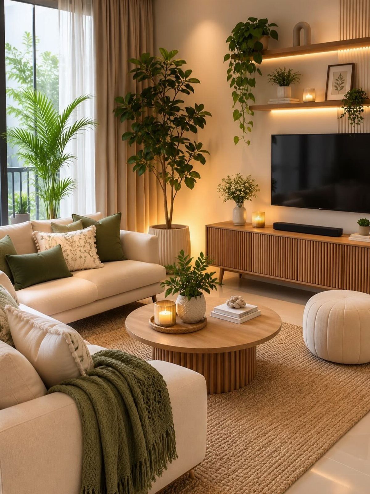 Modern living room with cream sofas, wooden furniture, and lush green indoor plants.