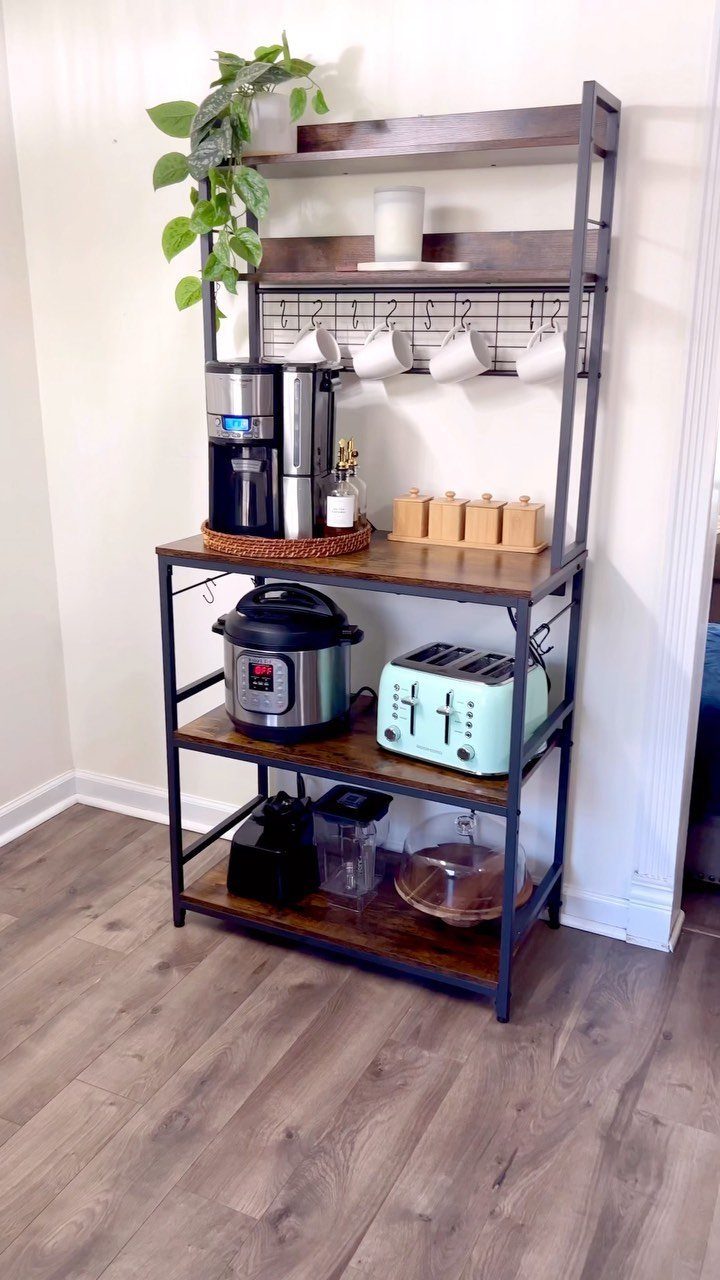 Dining Room Armoire: 16 Ideas for Storage and Style 11 Bakers rack with dark wood shelves holding a coffee maker and kitchen appliances.
