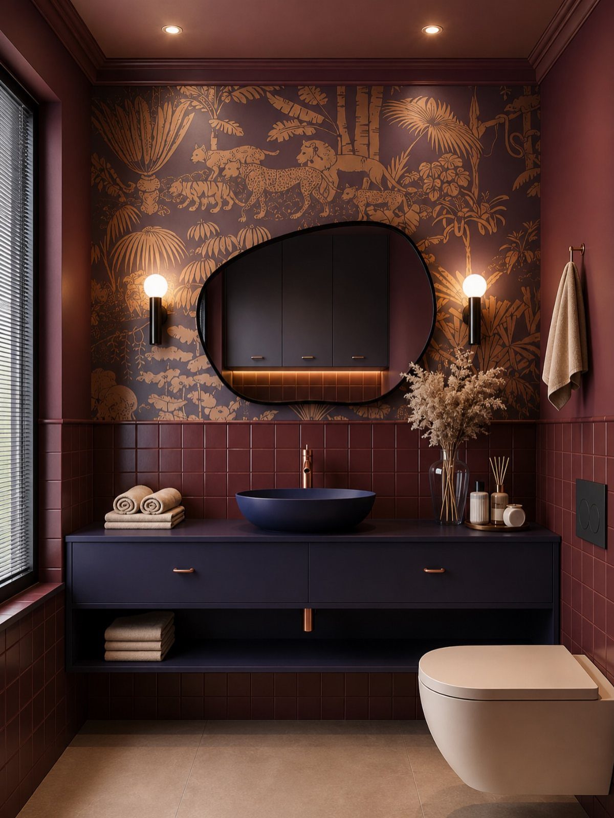 Modern bathroom with burgundy tiles, gold tropical wallpaper, and a dark blue vanity.