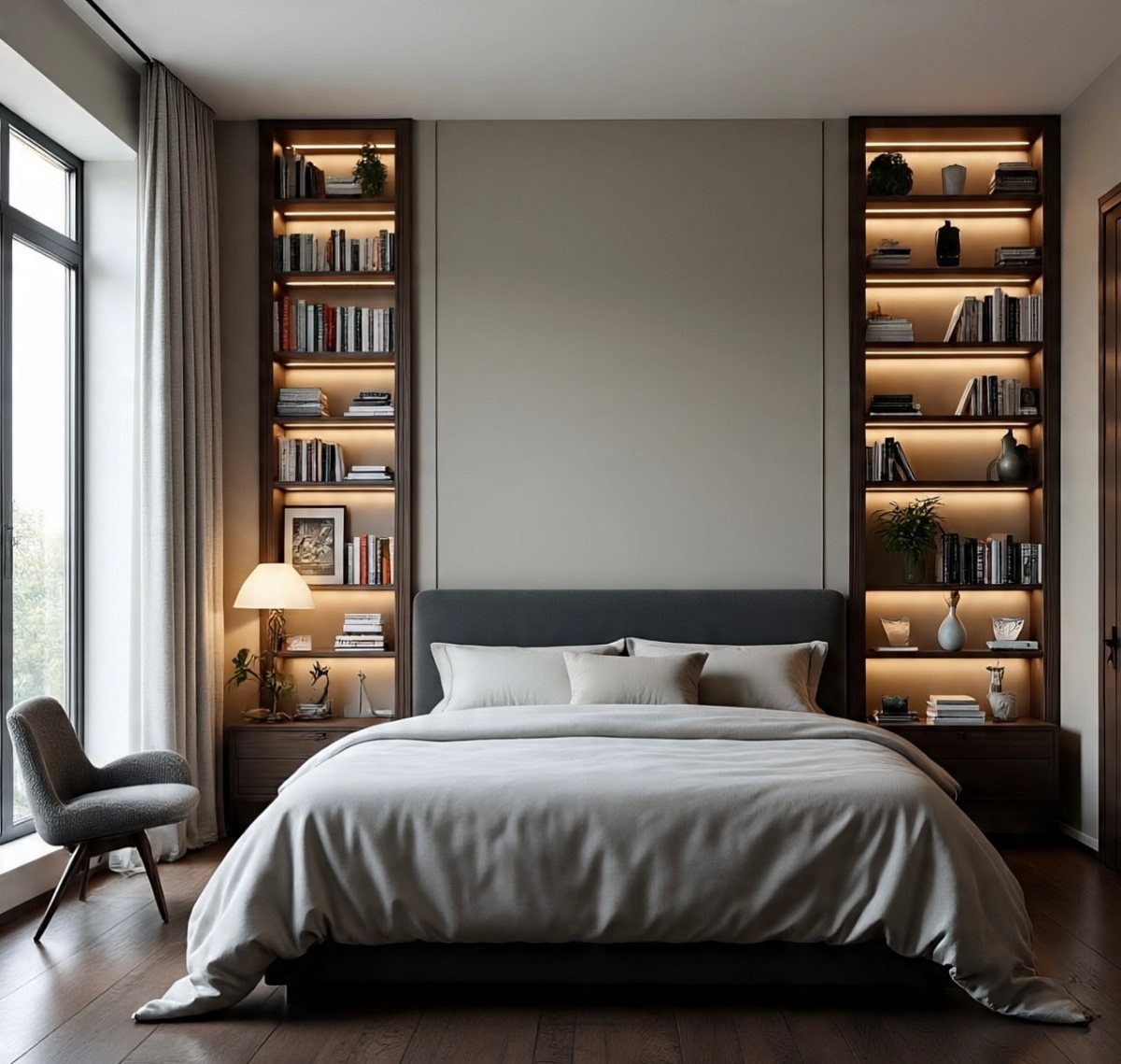 Grey bed flanked by two tall built-in wooden bookshelves with warm integrated lighting.