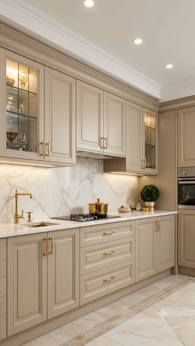 Beige kitchen cabinets with gold hardware and a white marble backsplash.