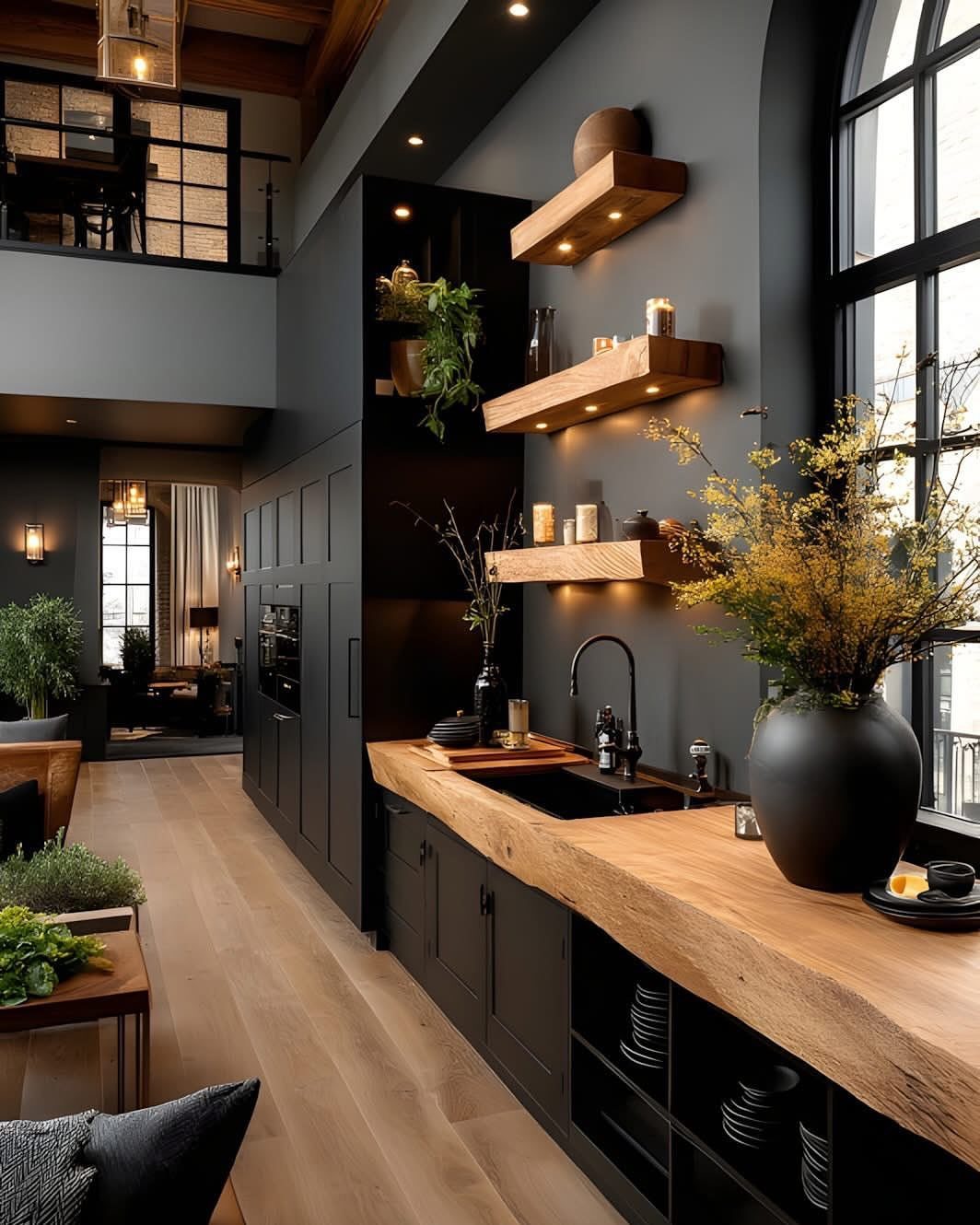 Kitchen Wood Pantry: 40 Ideas with Glass, Drawers, and Doors 17 Black lower cabinets with a live-edge wood countertop and floating wooden wall shelves.
