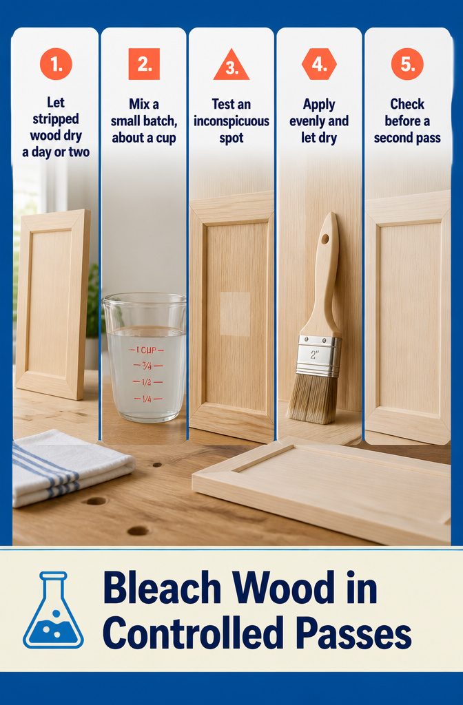 How to Lighten Wooden Furniture in 7 Steps 6 Graphic with the words Bleach Wood in Controlled Passes on a home interior background