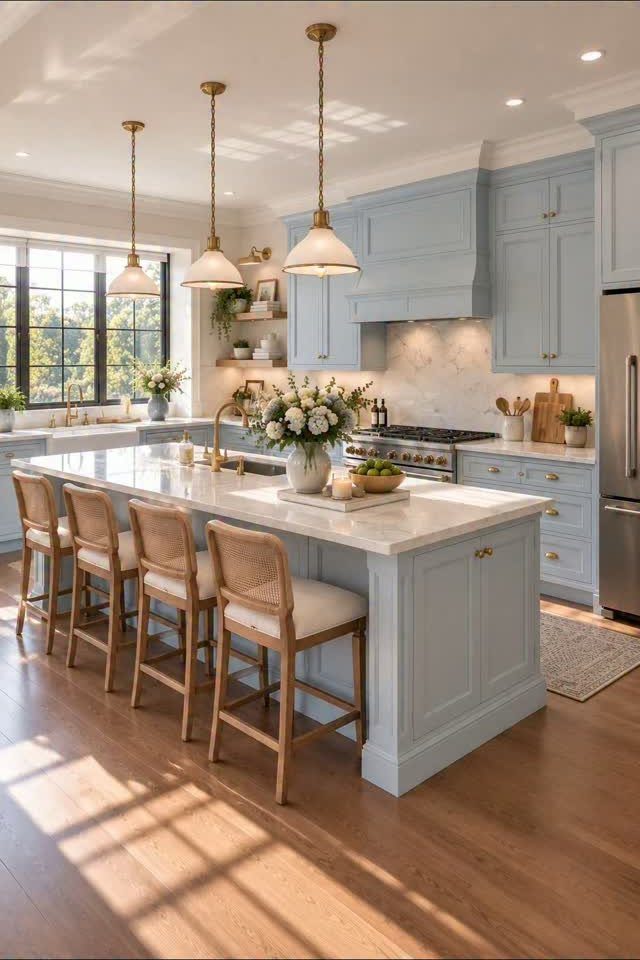 Light blue kitchen cabinets with gold hardware and a white marble island.