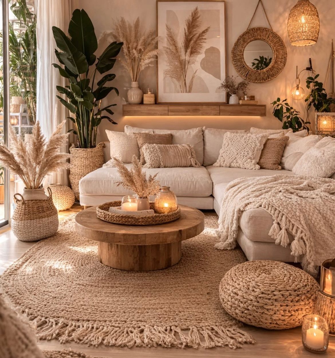 Boho living room with white sectional, round wooden table, and woven natural textures.