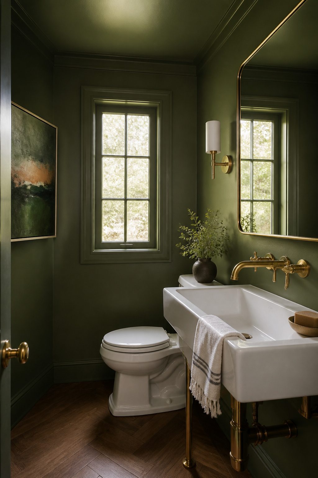 A powder room with deep olive green walls and a polished white sink.