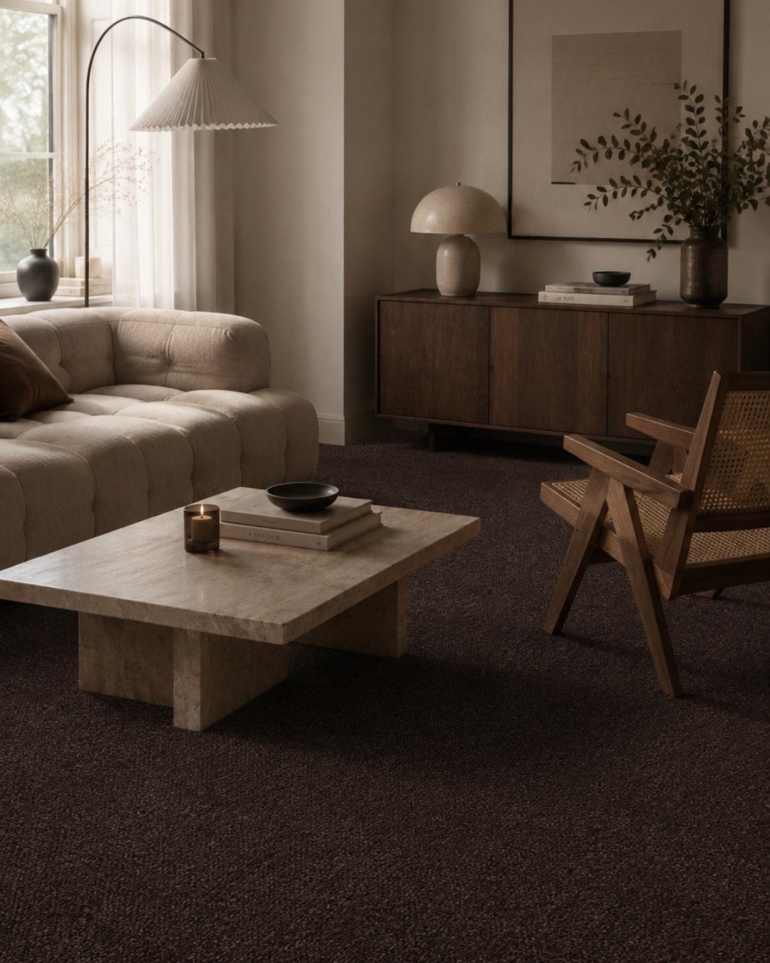 Dark brown textured rug in a modern living room with neutral furniture and stone table.