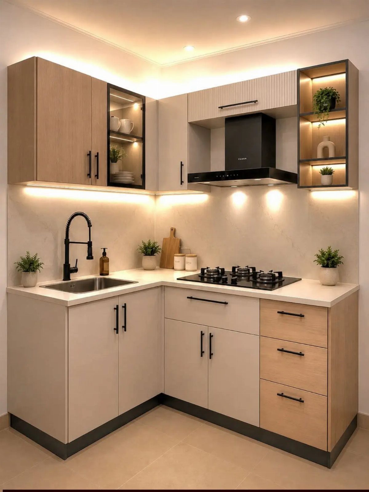 L-shaped small kitchen with beige and wood cabinets and under-cabinet lighting.