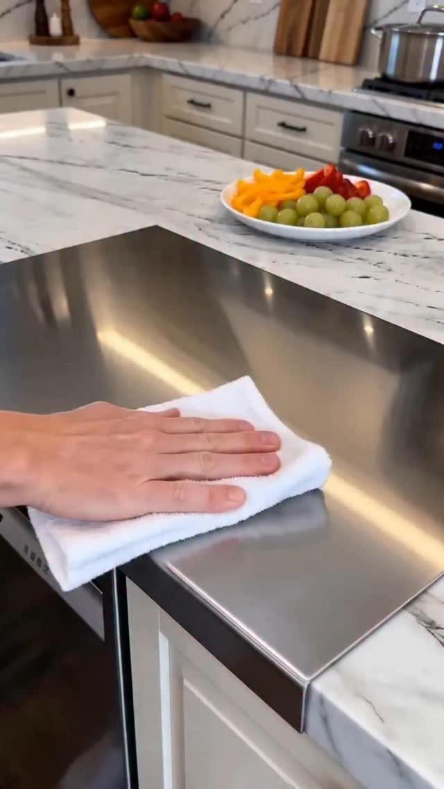 Hand wiping a stainless steel extended kitchen counter section set in white marble.