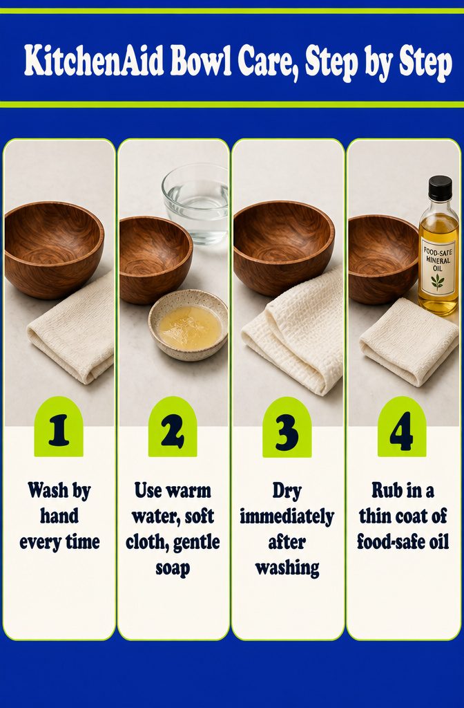 KitchenAid Bowl Care Step by Step graphic with wooden bowl care instructions