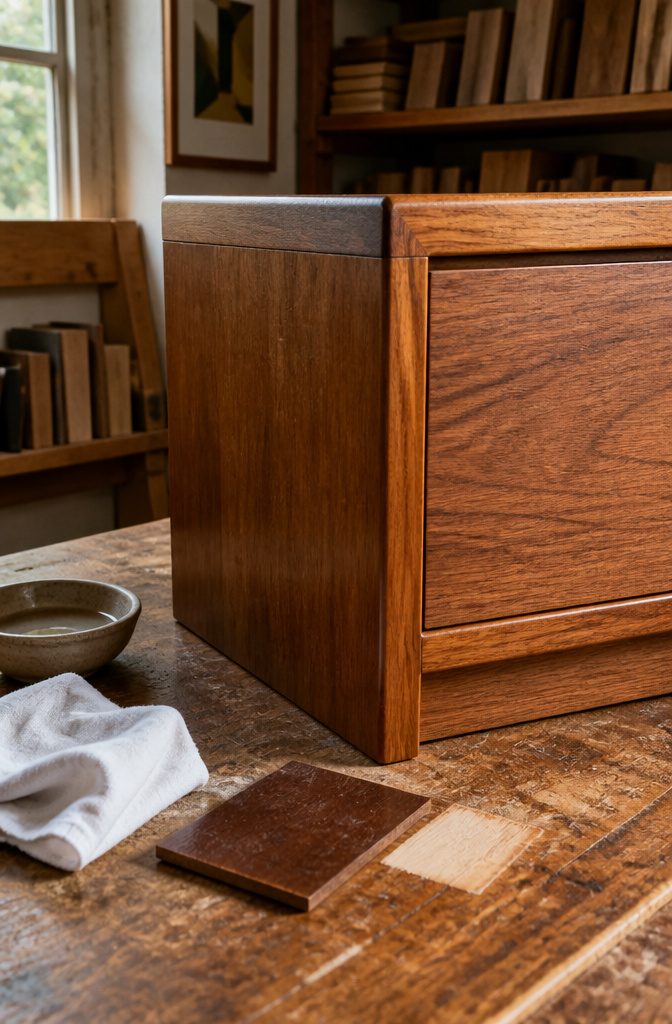 How to Lighten Wooden Furniture in 7 Steps 2 Small wooden cabinet with continuous edge grain, thin veneered face, dark patch, pale grain sample and cloth