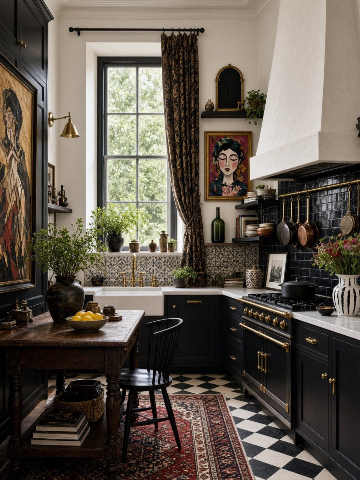 Black kitchen cabinets with gold hardware and a black and white checkered floor.