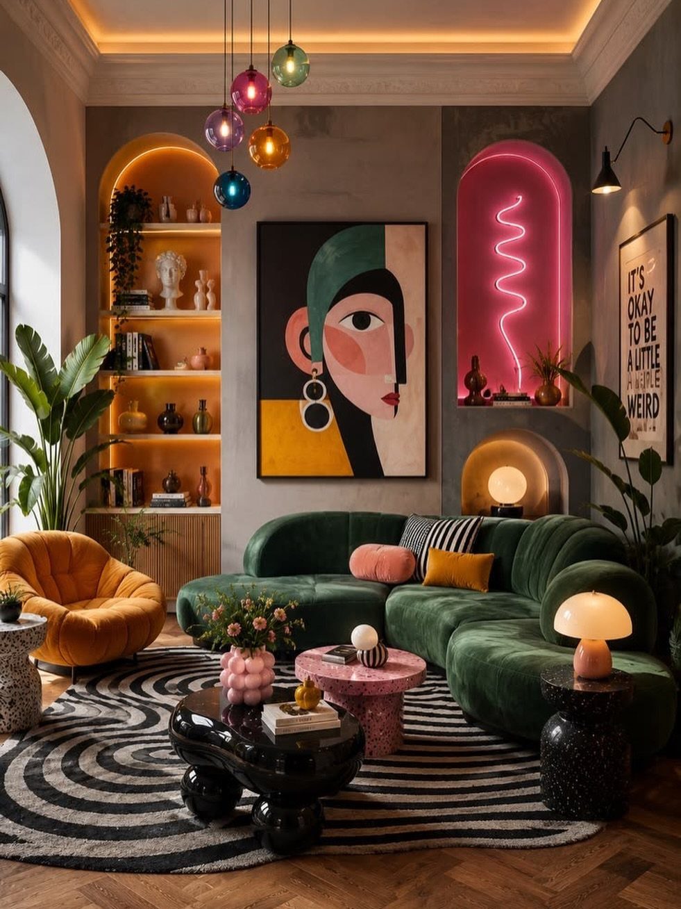 Curved green velvet sofa and orange armchair in a colorful maximalist living room
