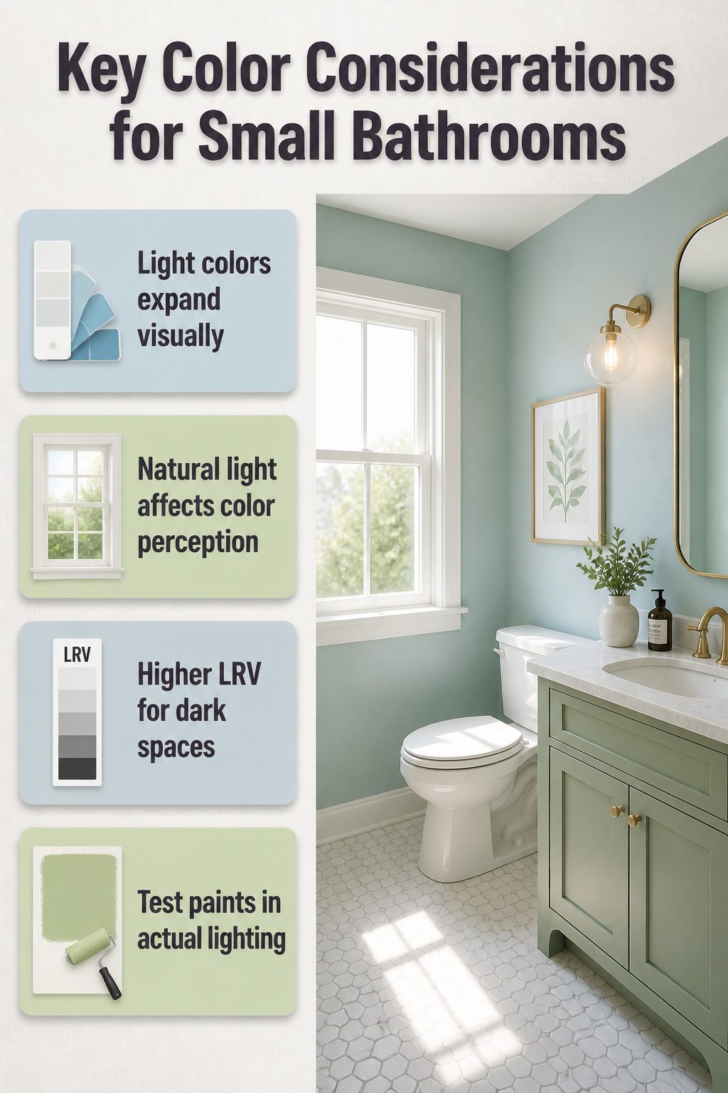 An information image about color considerations for small bathrooms.