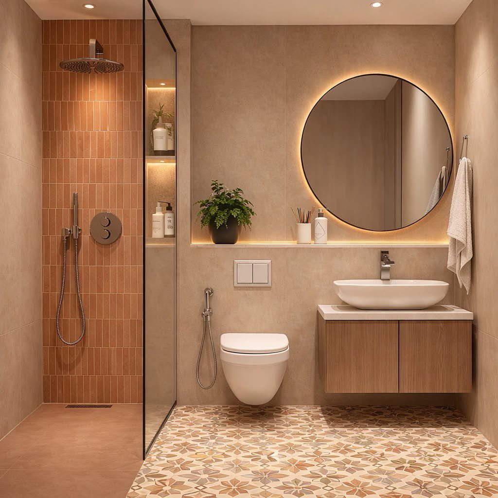Modern bathroom with clay-toned walls, round backlit mirror, and patterned floor tiles.