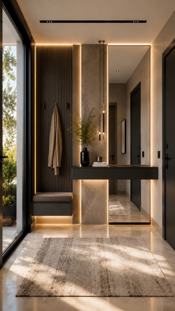 Modern entryway with integrated LED strip lighting, a backlit mirror, and neutral tones.