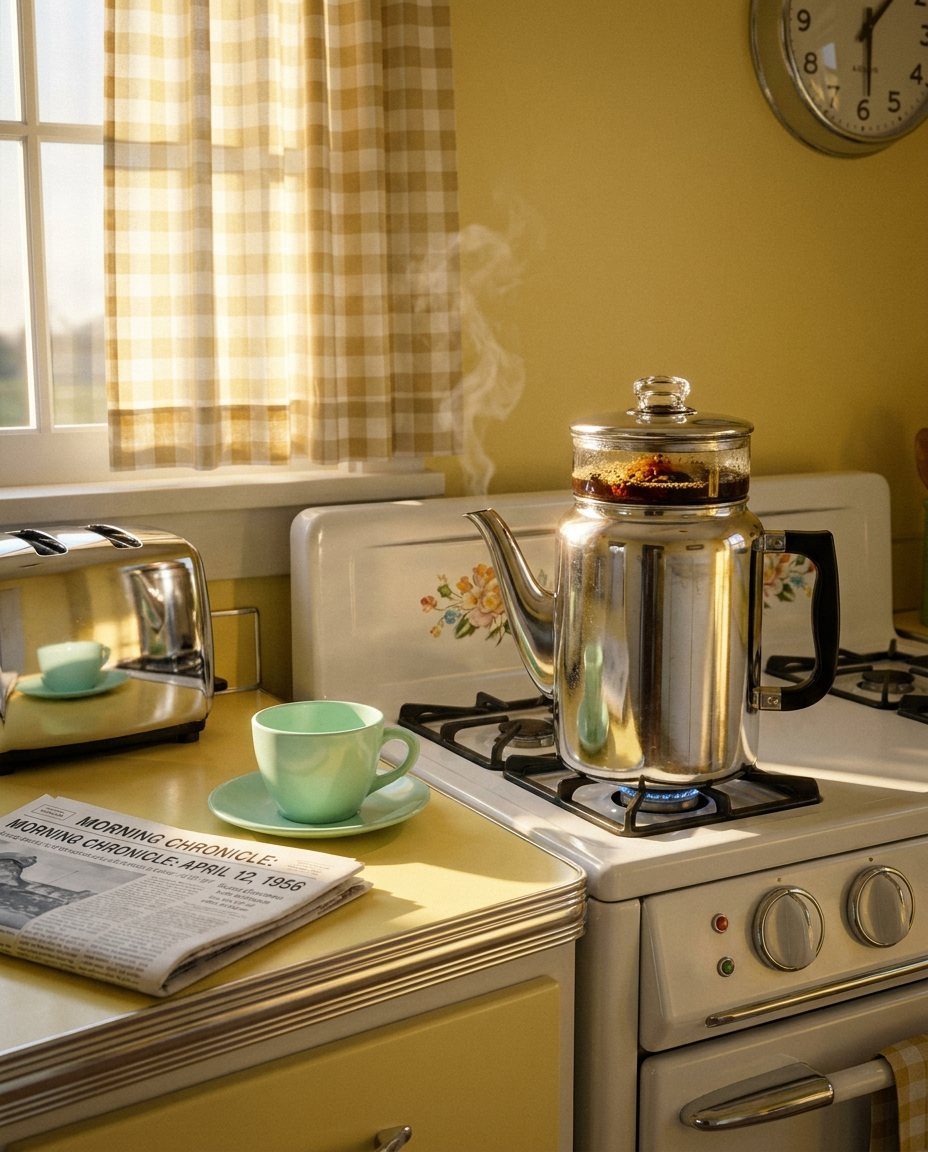 Stainless steel percolator coffee pot steaming on a vintage white gas stove.