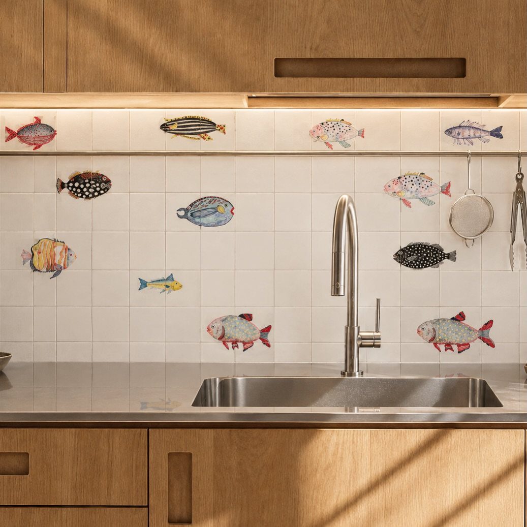 White tiled backsplash with colorful fish illustrations above a stainless steel kitchen sink.