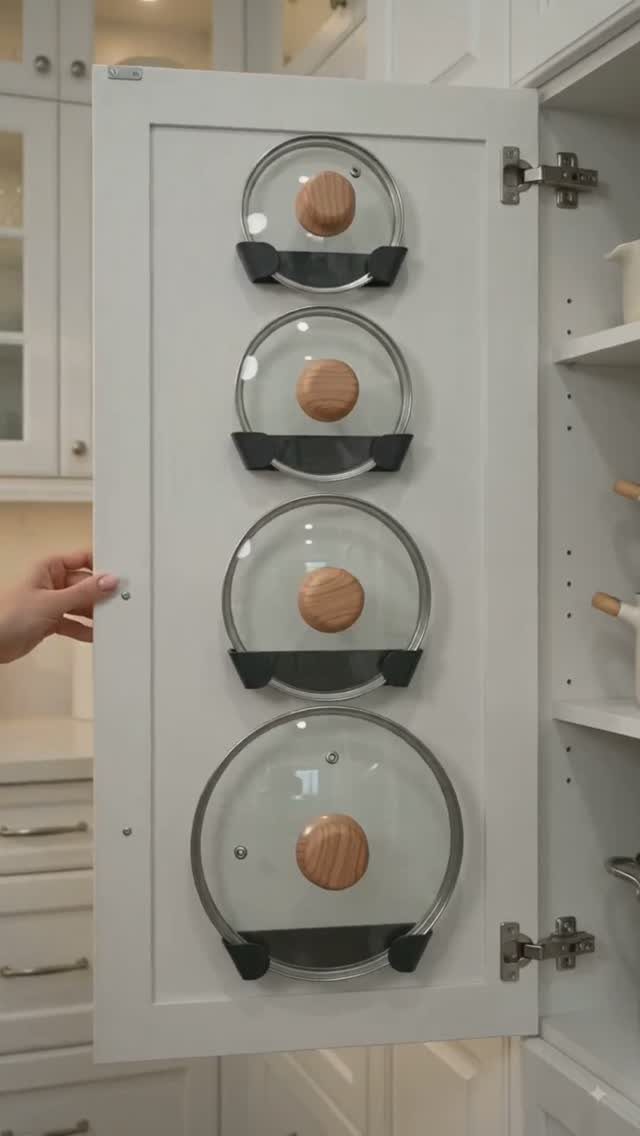 Glass pot lids hanging on a white cabinet door using black adhesive hooks.