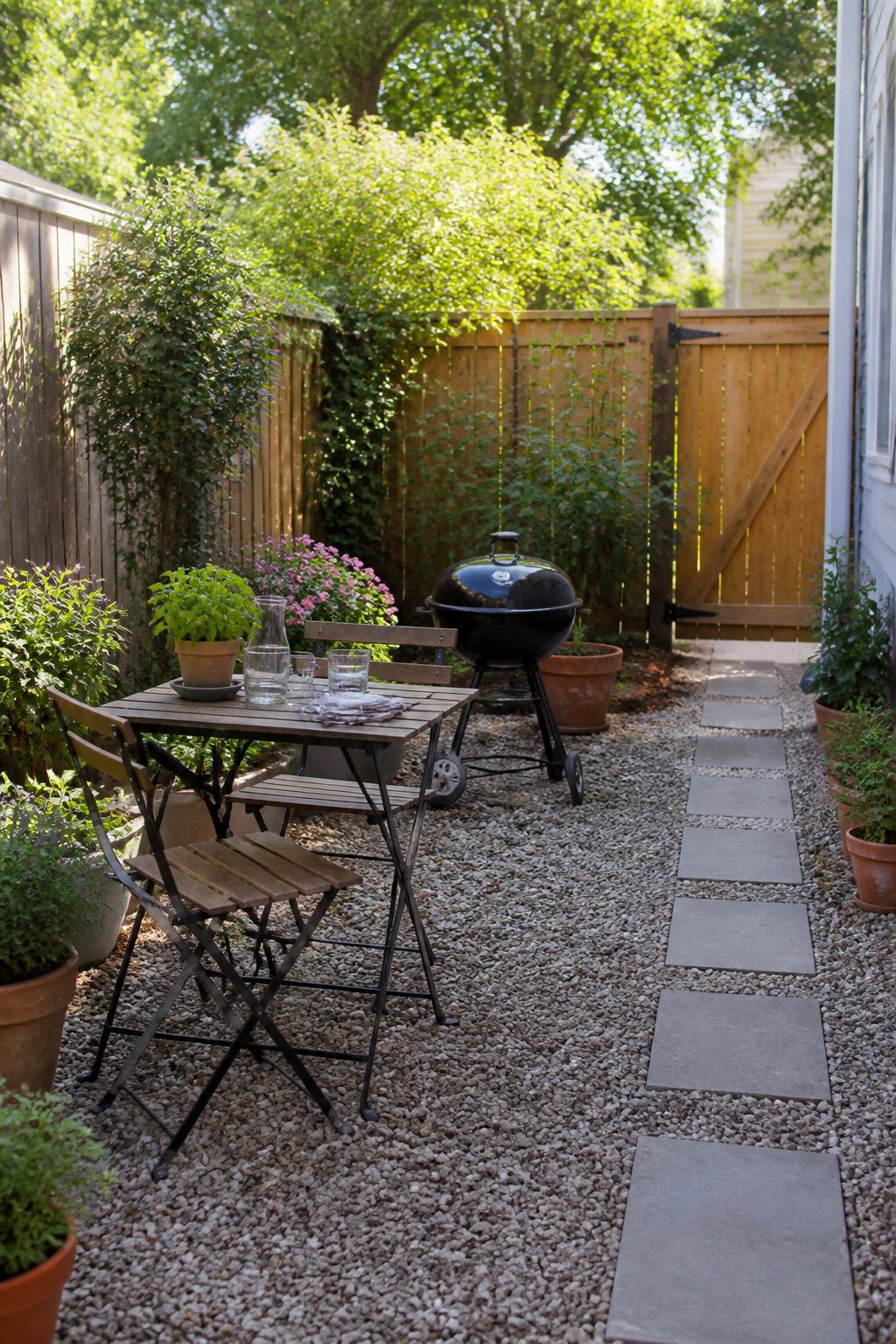 Small backyard with a folding table, grill, and colorful flowers.