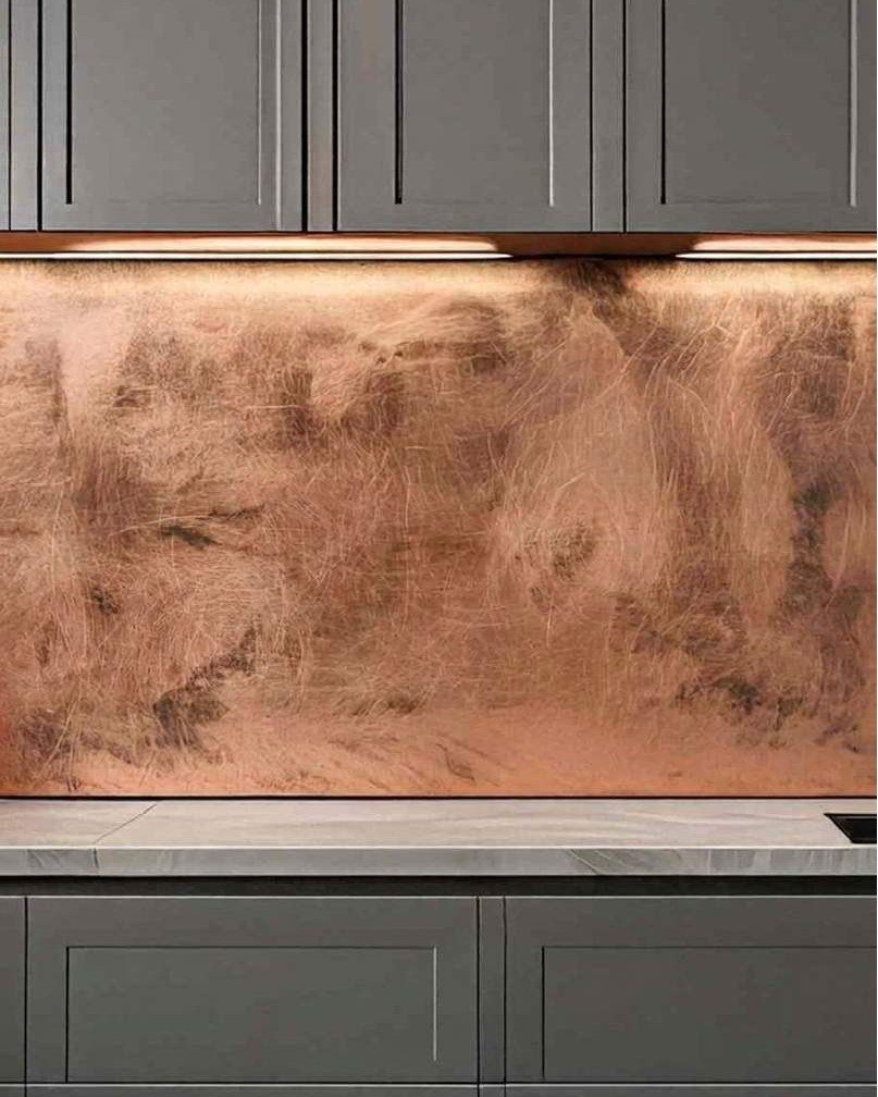 Copper metallic backsplash between grey kitchen cabinets and a white marble countertop.