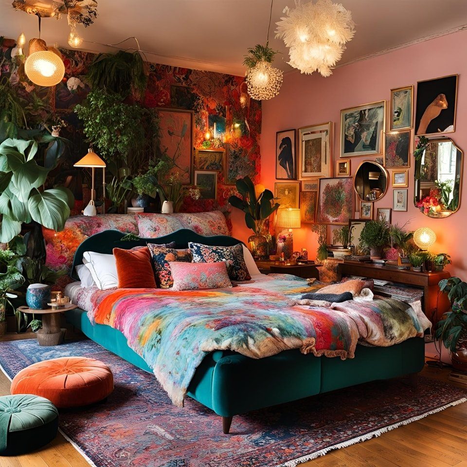 Teal velvet bed with bright colorful pillows and a multi-colored throw blanket